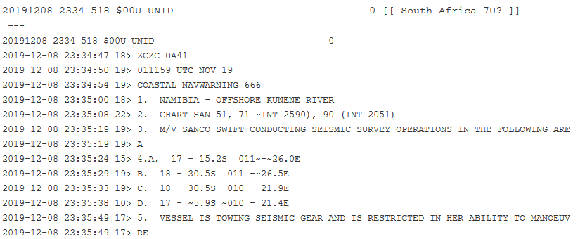 navtex message from $07U Cape Columbine, South Africa